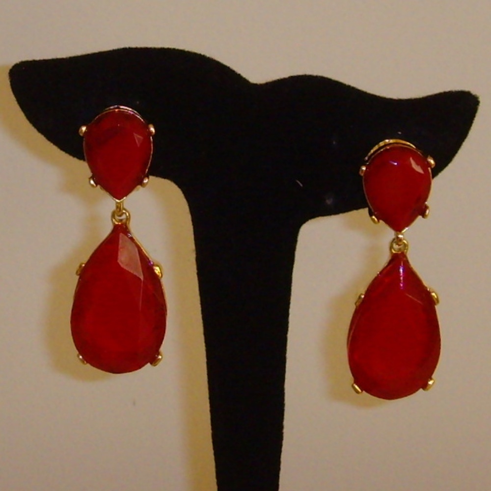 Kenneth Jay Lane Kjl Red Rhinestone Tear Drop Ear… - image 1